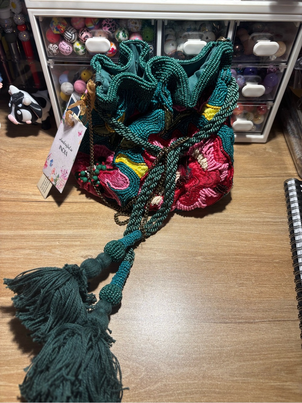 Embroidered Green & Pink Beaded Drawstring Bag -
